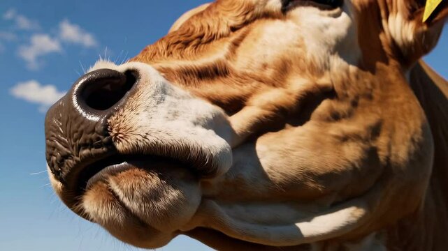 Jersey cow chewing and looking at camera against blue sky