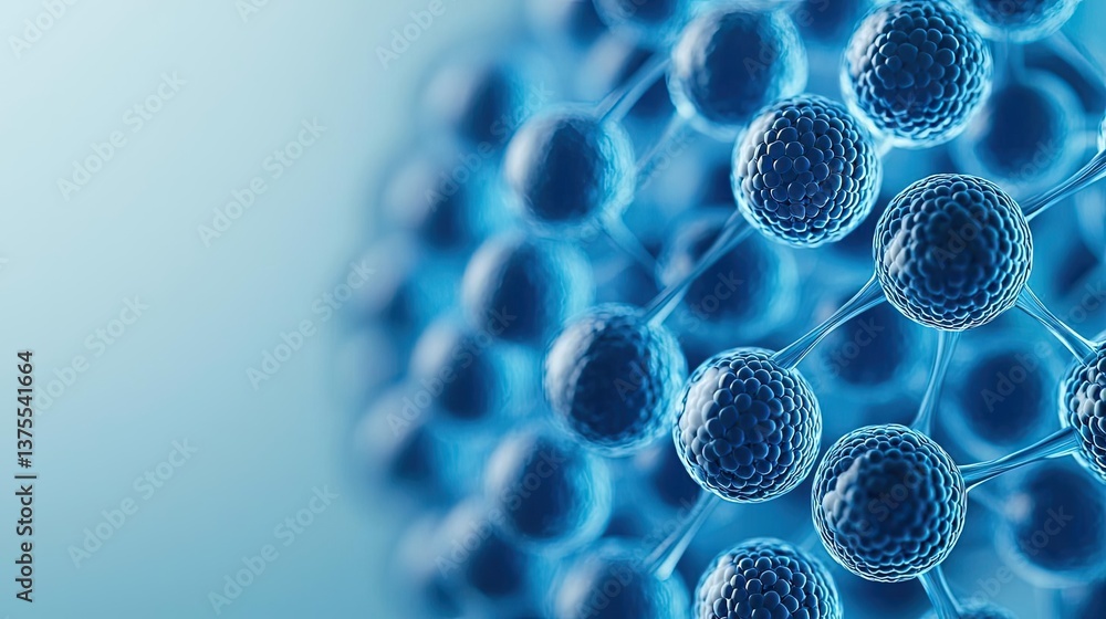 Poster blue exosome particles in biotechnology and medical concept. close-up view of blue molecular structu