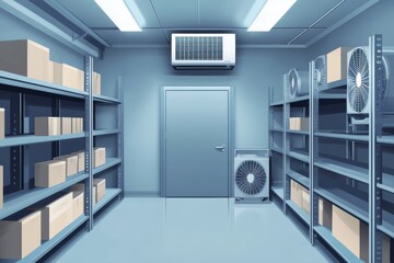 a cold room with a white metal door and shelves, three fans on the roof, blue boxes in the storage space