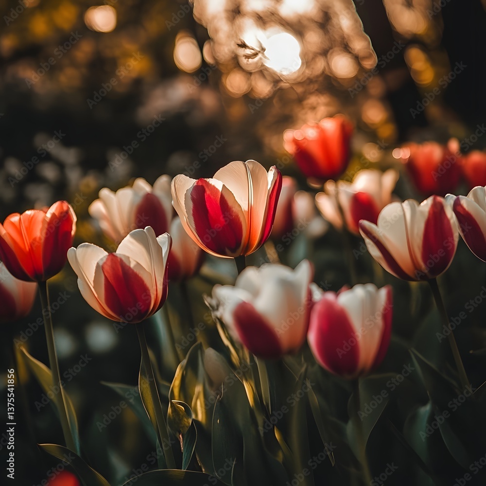 Poster a field of colorful tulips with red and white petals blooming in a lush spring garden under a soft b