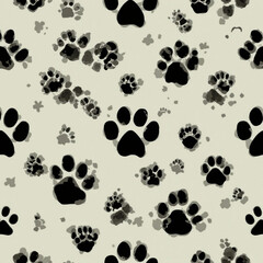Fototapeta premium A seamless vector pattern of cat and dog paw prints in a diagonal trail. The design is black silhouette style, perfect for t-shirts, backgrounds, pattern