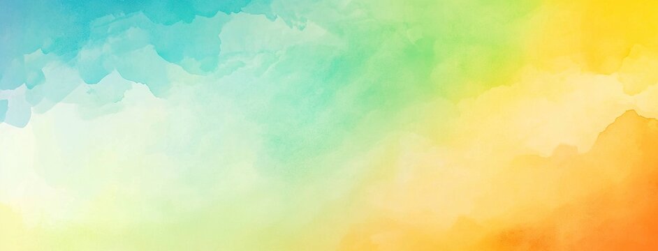 Colorful watercolor background of abstract sunset sky with paint blotches and soft blurred texture in blue green yellow beige and orange border in gradient paint colors 