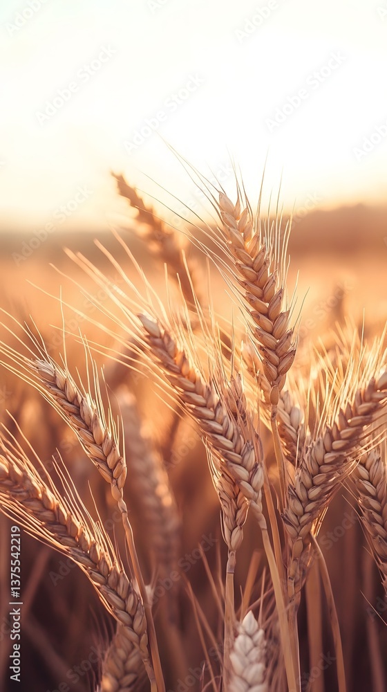 Poster rows of ripe golden wheat sway gently in the warm setting sunlight creating a peaceful and abundant 