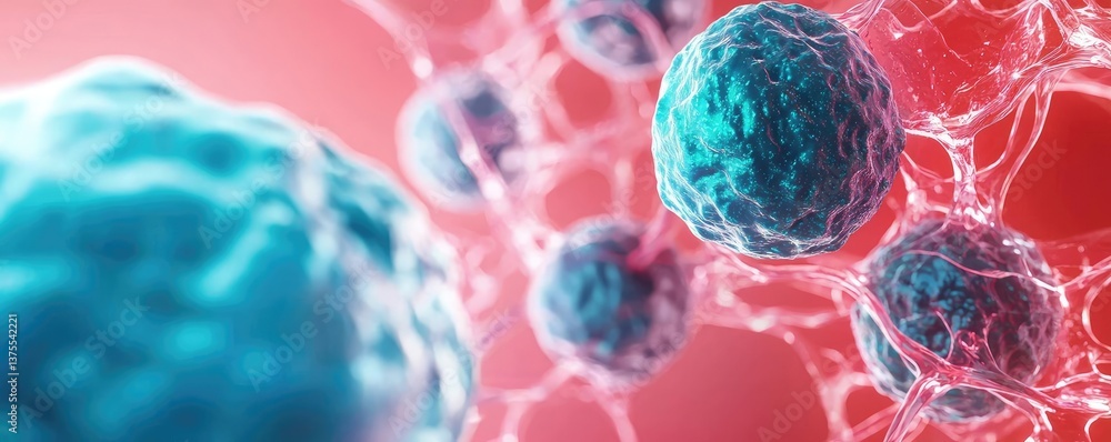 Poster blue exosome particles in medical and skincare concept. abstract view of colorful cells and molecula