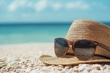 Straw hat and sunglasses on beach