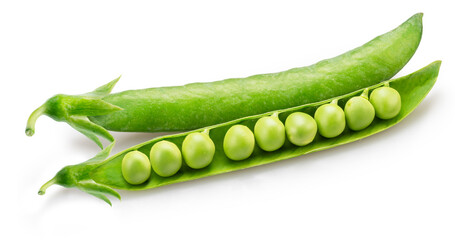 Opened ripe pea pod with pea seeds isolated on white background. File contains clipping path.