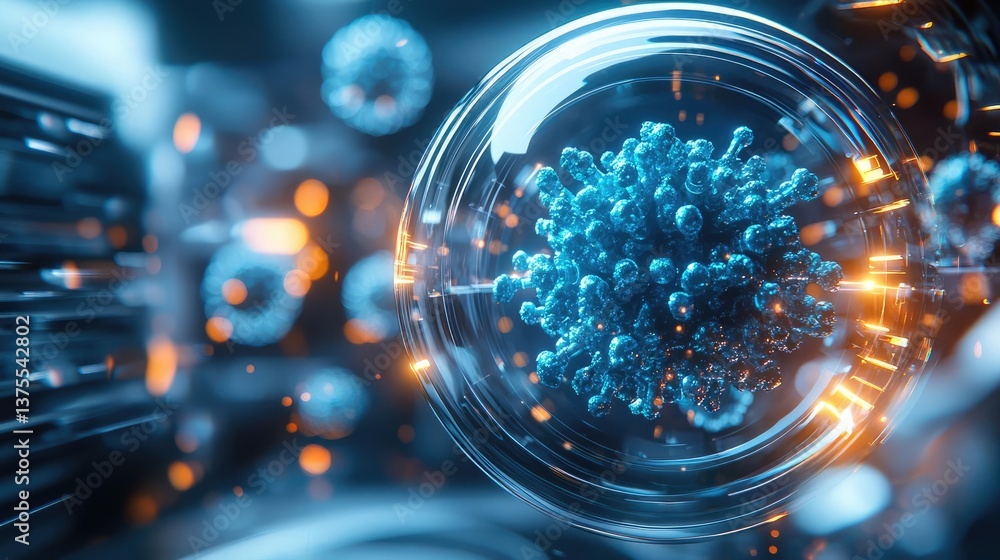Poster blue exosome particles in biotechnology and medical concept. close-up of a virus model in a futurist