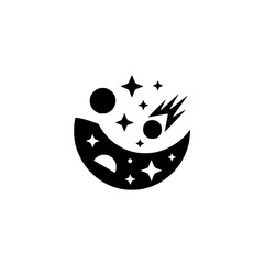 Obraz premium Abstract Space Logo: Moon, Stars, and Comet in Modern Minimalist Style