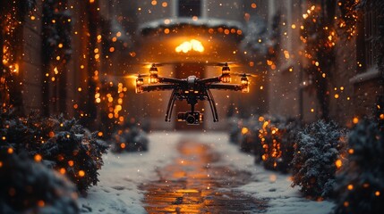 Festive Drone Delivering Christmas Gift to Snowy Front Porch with Fairy Lights and Holiday Decorations