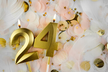 Twenty-Fourth Birthday Celebration with Gold Candle and Confetti. Golden numeral twenty-four...