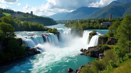 Fototapeta premium Aerial view of Rhine Falls in Switzerland on a sunny midday, with sunlight gleaming off the water and the waterfall surrounded by lush green scenery.