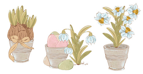 Set of Easter decor elements in pastel colors, isolated. Easter eggs and spring flowers in a pot. Design elements for stickers, postcards, patterns.