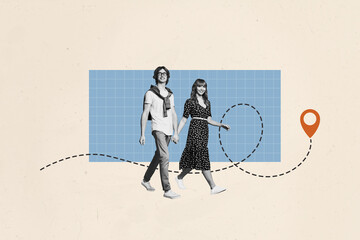 Composite art 3d creative image collage of two happy girl guy walk geolocation route summer vacation honeymoon travel concept