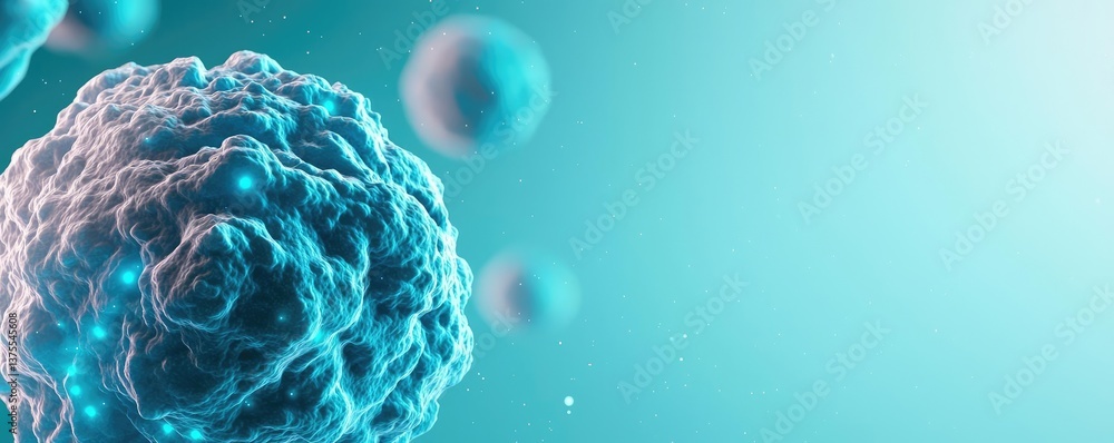 Poster blue exosome particles in biotechnology and medical concept. microscopic view of cells showcasing in
