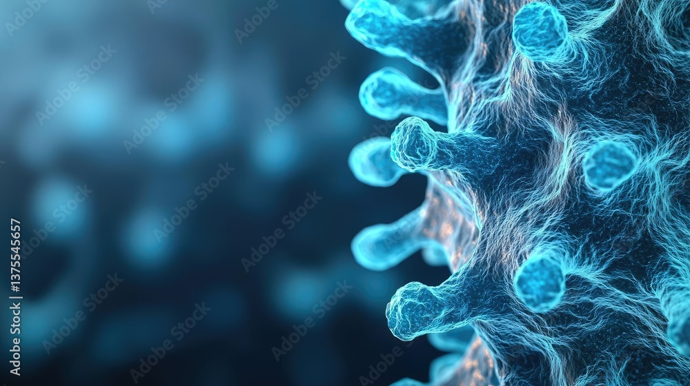 Poster blue exosome particles in medical and skincare concept. close-up view of a virus structure with deta