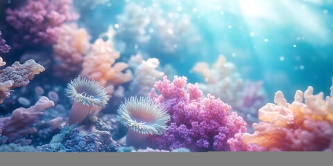 Fototapeta premium Underwater Floral Scene with Coral Blooms for Marine Aesthetics, Oceanic Fantasy, or Nature-Inspired Designs