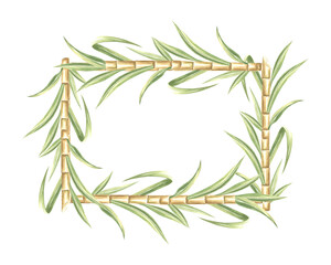 Sugar cane stalks with leaves watercolor horizontal frame isolated. Border with copy space from of sweet stems for sugar production. Hand drawn illustration of bamboo shoots. Template for food design.