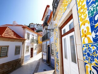 Fototapeta premium A street in Porto lined with buildings adorned in azulejos each one unique with hand painted floral and geometric designs in rich blue yellow and green hues. Colorful houses line a path.