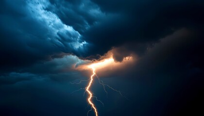 Fototapeta premium A summer thunderstorm with heavy rain gusty winds and flashes of lightning brightening the dark clouds. Fierce storm bright sky.