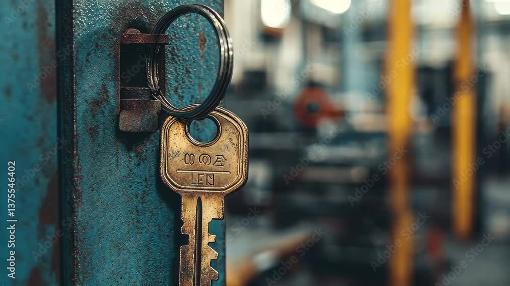 Aufkleber closeup of a metal key hanging in an industrial factory setting during working hours, closeup of a k