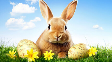 cute rabbit surrounded by colorful eggs and flowers