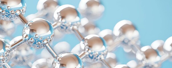 Complex molecular network shiny metallic spheres and connections blue backdrop representing scientific discovery and chemistry. Science breakthrough atom bonds.