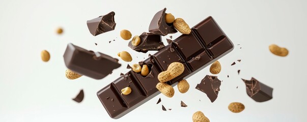 Flying chocolate bars with peanuts pieces of chocolate breaking apart 3D illustration. Sweet treats soar in 3d.