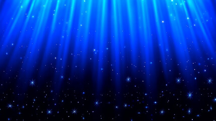 Vibrant blue backdrop with sparkling stars and light rays