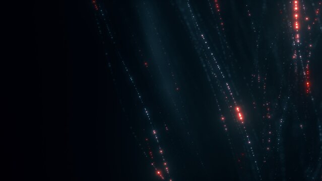 Futuristic glowing abstract green and red particle string background. AI network and advanced technology 3D illustration depicting neural networks, artificial intelligence and quantum computing.