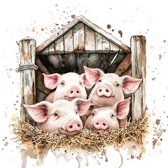Adorable Piglets Snuggling in Rustic Wooden Shelter. A charming watercolor illustration of four piglets nestled together in a cozy, rustic barn setting.