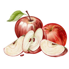 Composition with red apples and leaves on a white background. Delicate and elegant. Ideal for cards, posters, gift wrapping and spring theme design
