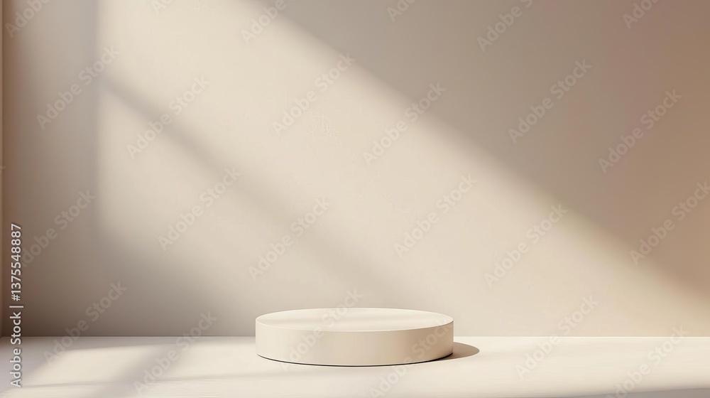 Poster minimalistic design showcasing a circular platform illuminated by soft natural light against a simpl