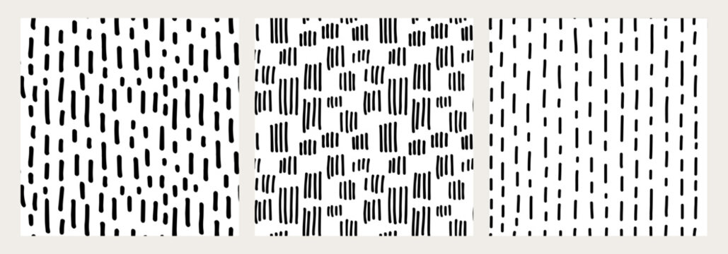 Fototapeta Set of hand drawn seamless black and white patterns with irregular stripes and brush strokes. Modern abstract textures for backgrounds, fabrics, packaging, graphic design. Trendy minimalistic style