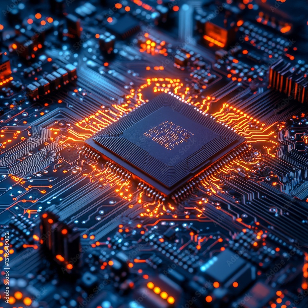 Leinwandbilder Advanced Microchip Technology: A Detailed Close-Up of a High-Tech Motherboard with Glowing Circuit Paths and a Powerful Central Processor Unit