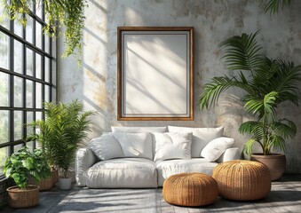 Minimalist Interior Still Life with Square Metal Frame and Plants in Blue Vase on White Wall