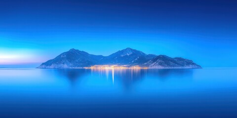 Fototapeta premium Serene Blue Island Landscape at Twilight with Soft Reflections on Calm Waters in a Tranquil Seascape