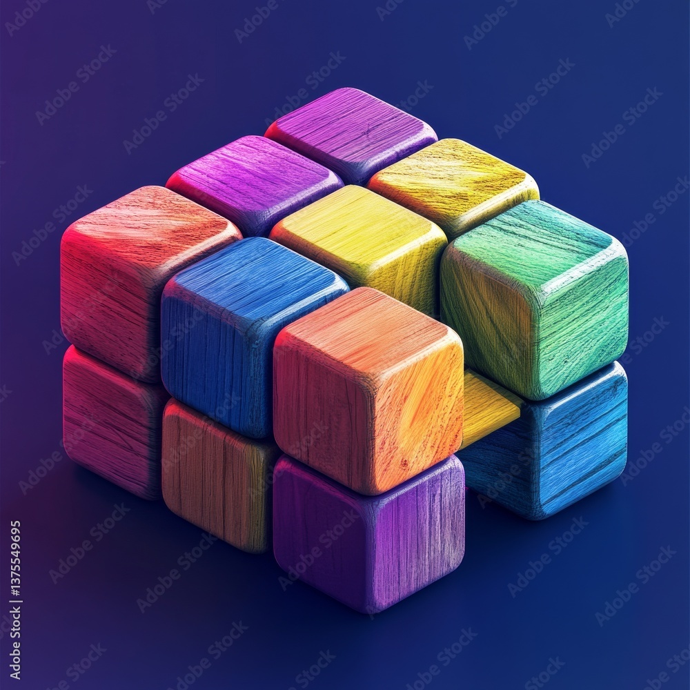 Poster colorful wooden blocks arranged in cube formation against a dark blue gradient background with vibra