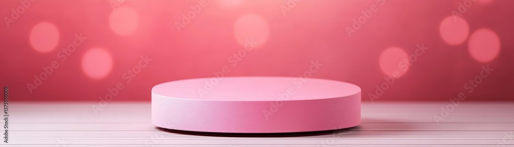 Poster a minimalist pink display platform against a soft bokeh background, ideal for product showcases and 