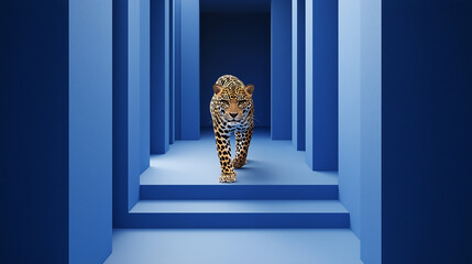 Abstract image of a cheetah walking through a blue geometric design.