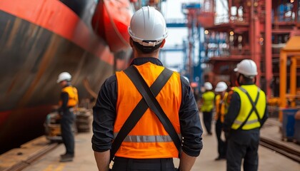 Obraz premium Upper body shot of shipyard workers in hard hats and safety vests servicing vessels surrounded by large ships and heavy machinery back view bustling shipyard operations. Busy dockyard