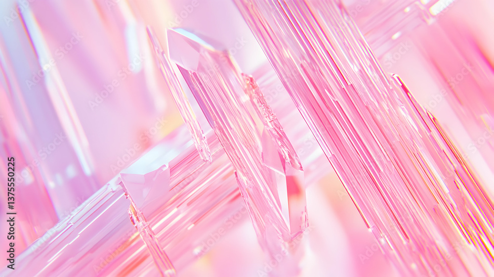 Poster abstract pink crystal structures with light reflections and soft background