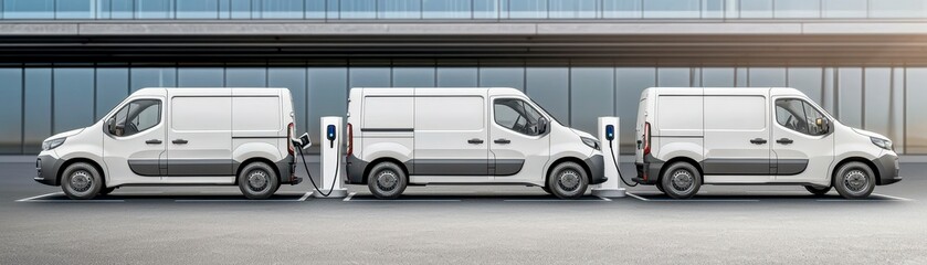 White electric vans plugged in at charging docks clean energy powering sustainable commercial vehicles green transport concept. Clean vehicles charge efficiently.