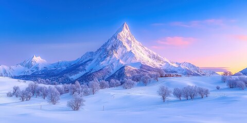 Obraz premium Snow-covered mountain peak under pastel sunrise sky. Wide panoramic winter valley with frosted trees and blue shadows. Calm resilience and fresh opportunity. Ideal for branding, presentations