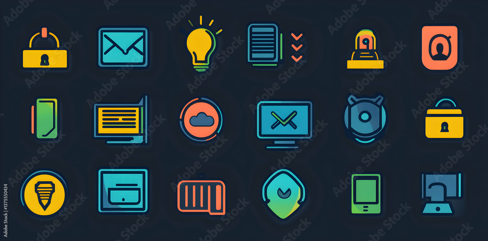 Poster collection of colorful digital icons representing technology and communication elements