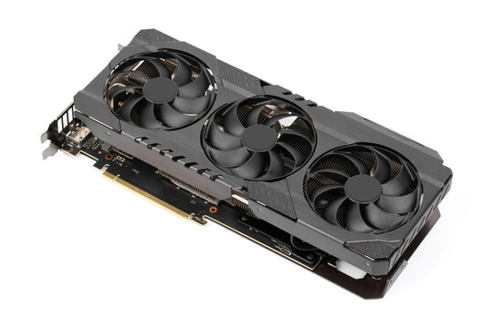 Computer Motherboard and graphics cards, bitcoin mining and cryptocurrency. Close-up on several GPU. Bitcoin Cryptocurrency coin on a PC computer motherboard, crypto currency mining concept.