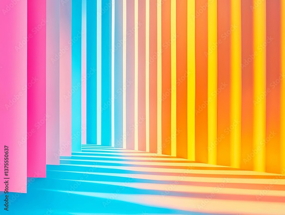 Poster a vibrant display of colorful vertical stripes casting shadows, creating an energetic and modern vis