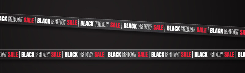Black ribbons with Black Friday Sale lettering on a black background. Ribbon design for ads, online stores, and websites. Perfect for highlighting discounts and promotions.