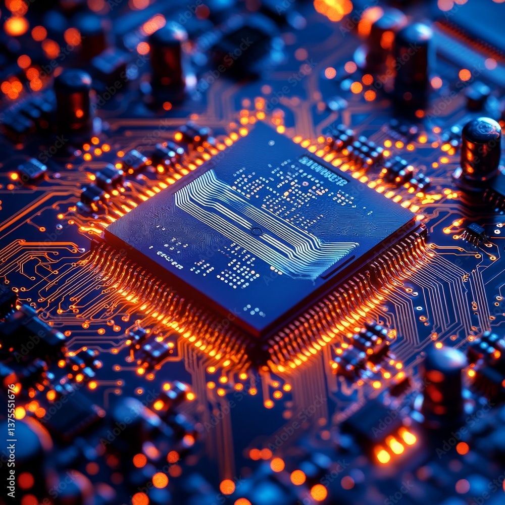 Aufkleber illuminated circuit board: close-up of processor with glowing pathways and components, technology in