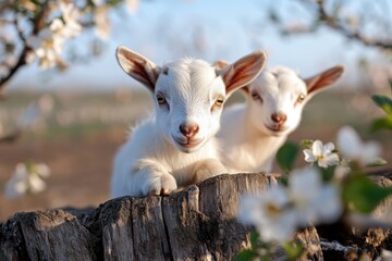 Obraz premium Two adorable baby goats peering playfully over a tree trunk, showcasing their charm and innocence while surrounded by blossoms in a delightful outdoor setting full of life.