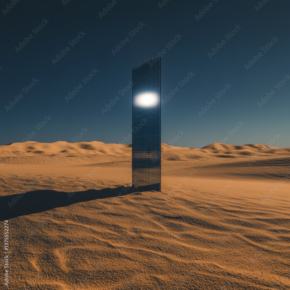 Aufkleber monolith in desert: a shiny mirrored structure reflecting sun and sky among golden dunes under the c